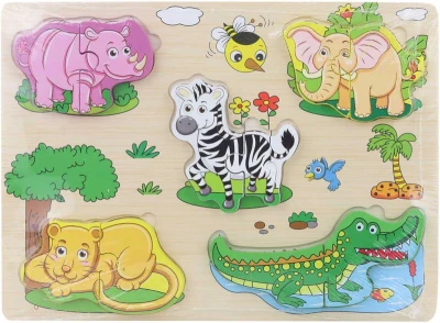 DŘEVO Puzzle vkládačka zvířátka safari na desce (dřevěná hračka)