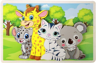 DŘEVO PUZZLE Zvířátka 3D vkládací 8 dílků na desce (dřevěná hračka)