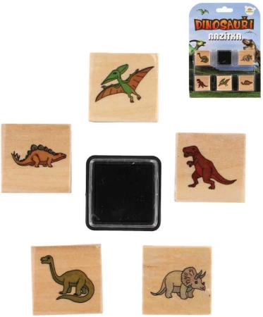 DŘEVO Razítka 3cm dřevěná 5+1 s poduškou Dinosauři na kartě DŘEVO Razítka 3cm dřevěná 5+1 s poduškou Dinosauři na kartě