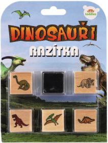 DŘEVO Razítka 3cm dřevěná 5+1 s poduškou Dinosauři na kartě