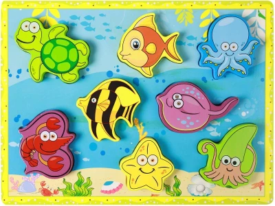DŘEVO Vkládačka baby 3D puzzle vkládací na desce podmořský svět 8 dílků DŘEVO Vkládačka baby 3D puzzle vkládací na desce podmořský svět 8 dílků