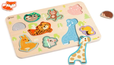 DŘEVO Vkládačka zvířátka lesní 9 dílků puzzle vkládací na desce