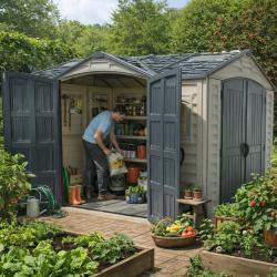 DURAMAX 40116 Apex Pro Záhradný domček 7,6 m² + podlahová konštrukcia, vinylový, - sivý/antracit