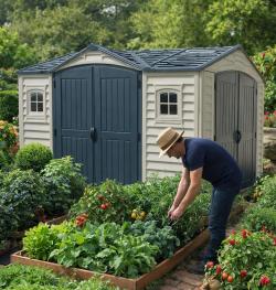 DURAMAX 40116 Apex Pro Záhradný domček 7,6 m² + podlahová konštrukcia, vinylový, - sivý/antracit