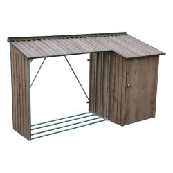 DURAMAX 53645 Přístřešek na dřevo s kůlnou 272,4 x 108,8 x 160,4 cm, plechový, imitace dřeva