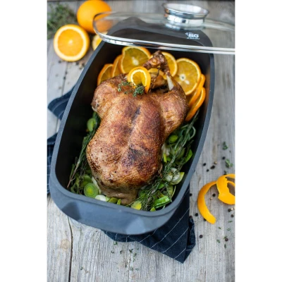 ELO Alucast černý pekáč se skleněnou poklicí a aroma úchytem 40×22 cm