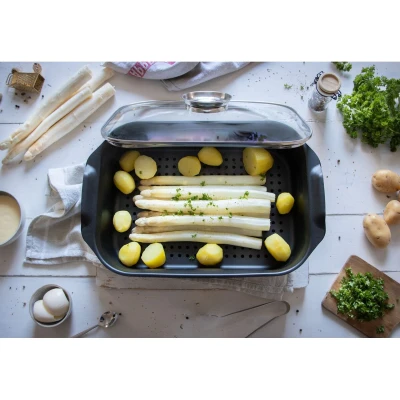 ELO Duo Vital černý pekáč se skleněnou poklicí a aroma úchytem 40x26 cm