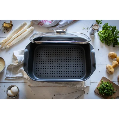 ELO Duo Vital černý pekáč se skleněnou poklicí a aroma úchytem 40x26 cm
