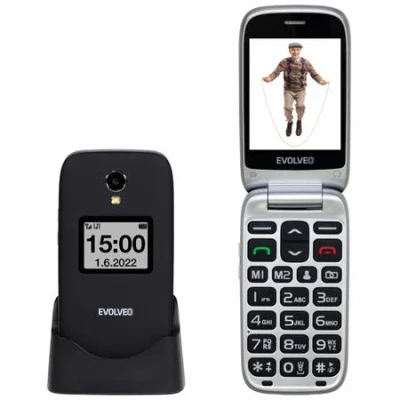 Evolveo EasyPhone FS, vyklápěcí mobilní telefon 2.8" pro seniory s nabíjecím stojánkem (černá barva)