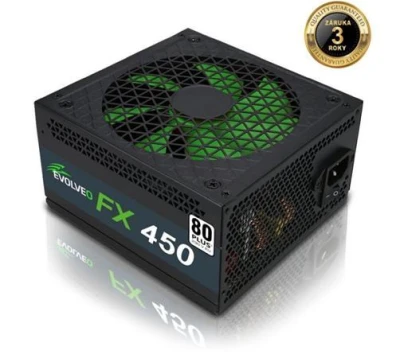 Evolveo FX 450, zdroj 450W, 80+ White, ATX 2.2, 1× PCIe, aPFC, tichý 140mm ventilátor, 4x SATA, bulk, záruka 3 roky, černý Evolveo FX 450, zdroj 450W, 80+ White, ATX 2.2, 1× PCIe, aPFC, tichý 140mm ventilátor, 4x SATA, bulk, záruka 3 roky, černý