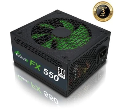 Evolveo FX 550, zdroj 550W, 80+ White, ATX 2.2, 1× PCIe, aPFC, tichý 140mm ventilátor, 4x SATA, bulk, záruka 3 roky, černý