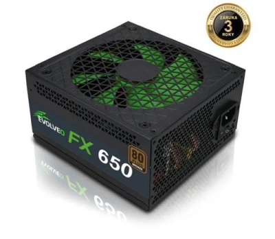 Evolveo FX 650, zdroj 650W, 80+ Bronze, ATX 2.2, 2× PCIe, aPFC, tichý 140mm ventilátor, 6x SATA, bulk, záruka 3 roky, černý