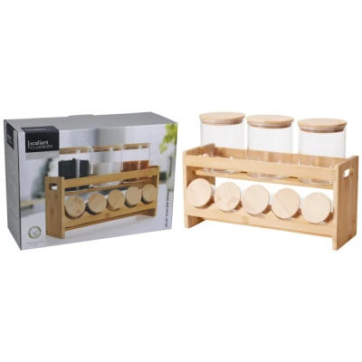 Excellent Houseware Dóza skleněná v dřevěném stojanu sada 9 ks