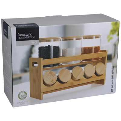 Excellent Houseware Dóza skleněná v dřevěném stojanu sada 9 ks