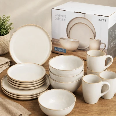 Excellent Houseware Jídelní sada talířů kamenina 16 ks béžová