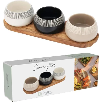 Excellent Houseware Sada misek na pochutiny servírovací s prkénkem 3 ks