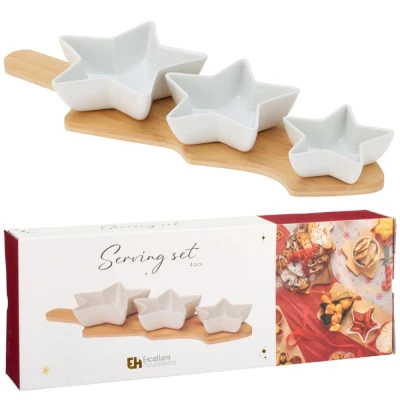 Excellent Houseware Sada servírovacích misek na prkénku 4 ks hvězda bílá