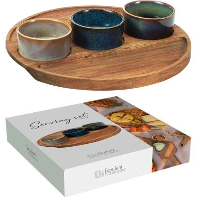 Excellent Houseware Servírovací misky na akátovém podnose sada 4 ks