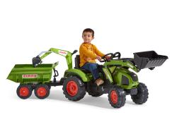 Falk Šlapací traktor 1010W Claas Axos s nakladačem, rypadlem a vlečkou