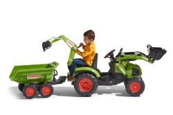 Falk Šlapací traktor 1010W Claas Axos s nakladačem, rypadlem a vlečkou