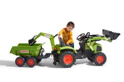Falk Šlapací traktor 1010W Claas Axos s nakladačem, rypadlem a vlečkou