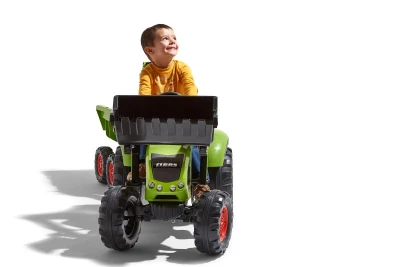 Falk Šlapací traktor 1010W Claas Axos s nakladačem, rypadlem a vlečkou