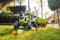 Falk Šlapací traktor 1010W Claas Axos s nakladačem, rypadlem a vlečkou