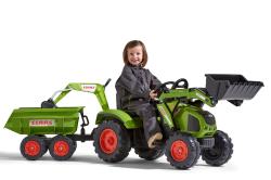 Falk Šlapací traktor 1010W Claas Axos s nakladačem, rypadlem a vlečkou