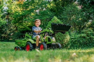 Falk šlapací traktor 2070W Claas backhoe s přední a zadní lžící a přívěsem
