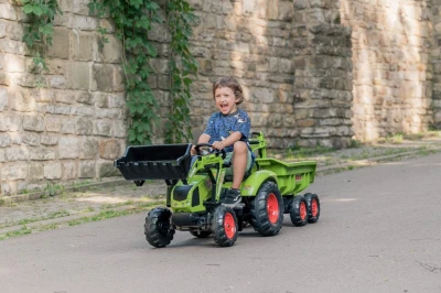 Falk šlapací traktor 2070W Claas backhoe s přední a zadní lžící a přívěsem