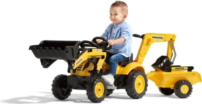 Falk Šlapací traktor 2076N Komatsu s nakladačem, rypadlem a vlečkou - žlutý