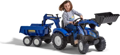 Falk Šlapací traktor 3090W New Holland T8 s nakladačem, rypadlem a maxi vlečkou