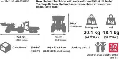Falk Šlapací traktor 3090W New Holland T8 s nakladačem, rypadlem a maxi vlečkou