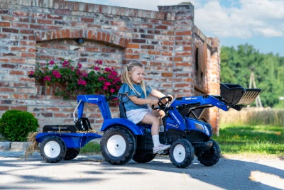 Falk Šlapací traktor 3090Y New Holland T8 s předním nakladačem a vlečkou modrý