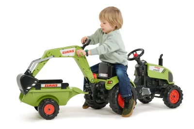 Falk Šlapací traktor Claas Arion 410 s rypadlem a vlečkou