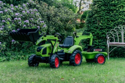 Falk Šlapací traktor velký 2070Y Claas Arion 430 s nakladačem, rýpadlem a vlečkou