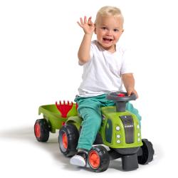Falk Traktor Baby Claas s volantom, klaksónom, prívesom, hráblami a lopatou