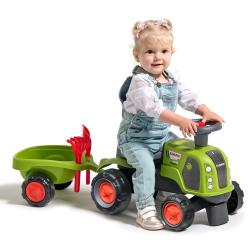 Falk Traktor Baby Claas s volantom, klaksónom, prívesom, hráblami a lopatou