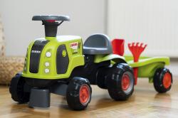 Falk Traktor Baby Claas s volantom, klaksónom, prívesom, hráblami a lopatou