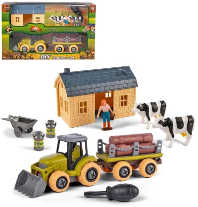 Farma herný montážny set traktor skrutkovací s vlečkou a doplnkami Farma herný montážny set traktor skrutkovací s vlečkou a doplnkami