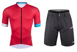 Force GAME červený cyklistický dres - kr. rukáv + Force BLADE MTB čierne cyklokraťasy