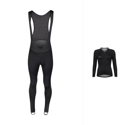 Force GOLD LADY černý cyklodres - dlouhý rukáv + Force BRIGHT LADY černé cyklokalhoty