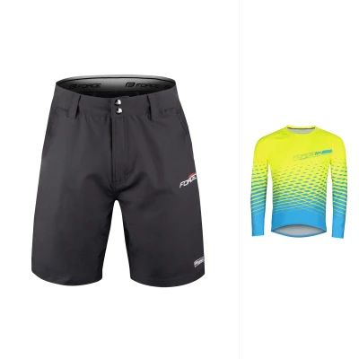 Force MTB ANGLE fluo-modrý cyklodres - dl. rukáv + Force BLADE MTB černé cyklokraťasy