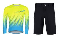Force MTB ANGLE fluo-modrano-modrý cyklodres - dl. rukáv + Force MOUNT MTB čierne cyklokraťasy bez vložky