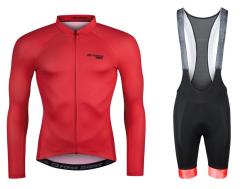 Force PURE červený cyklodres - dlouhý rukáv + Force STRIPE černo-červené cyklokraťasy