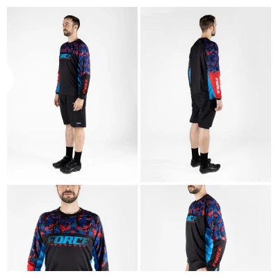 Force RECKLESS černo-červeno-modrý mtb dres + Force BLADE MTB černé cyklokraťasy
