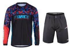 Force RECKLESS čierno-červeno-modrý mtb dres + Force BLADE MTB čierne cyklokraťasy