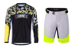 Force RECKLESS černo-žluto-šedý mtb dres - dl. rukáv + Force STORM šedo-fluo cyklokraťasy
