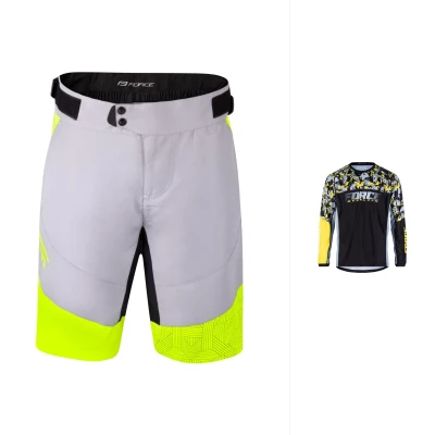 Force RECKLESS černo-žluto-šedý mtb dres - dl. rukáv + Force STORM šedo-fluo cyklokraťasy