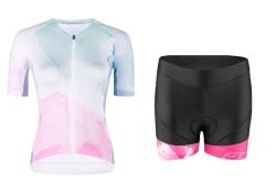 Force SPLASH LADY růžovo-modrý dres - kr. rukáv + Force MINI černo-růžové cyklokraťasy